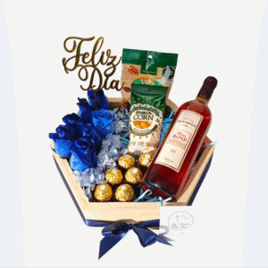 Bandeja con 7 rosas, hortensia, frutos secos villa natura, inka corn, 6 bombones ferrero rocher, vino y topper