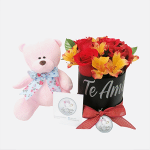 Box de 6 rosas, astromelias y peluche