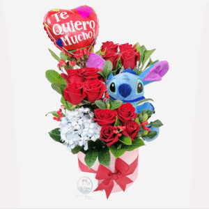 Box de 12 rosas, hortensias, peluche y globo