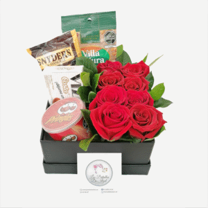 Box con frutos secos villa natura, snyder´s, vizzio, pringles y 8 rosas