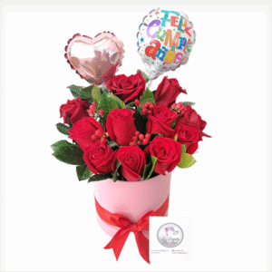 Box de 11 rosas, hipérico y dos globos
