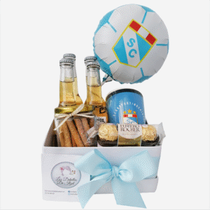 Box de 4 coronitas, frasco de palitos de ajonjolí, ferrero rocher de 3 bombones, taza del club Sporting Cristal y globo