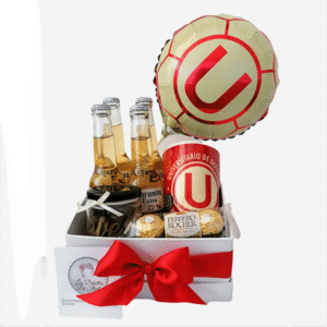 Box de 4 coronitas, frasco de chocolates, ferrero rocher de 3 bombones, taza del club Universitario y globo