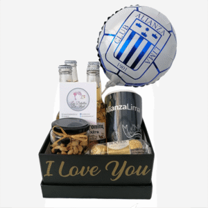 Box de 4 coronitas, frasco de frutos secos, ferrero rocher de 3 bombones, taza del club Alianza Lima y globo