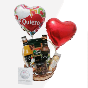 Canasta con 2 dos chilcanos, Ferrero Rocher Linaje, frutos secos Villa Natura, frasco de chocolates y 2 globos metálicos