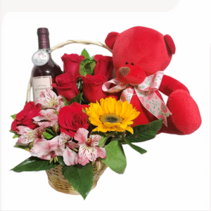 Canasta de 6 rosas, un girasol, astromelias, peluche y vino