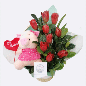 Canasta de 9 tulipanes y peluche