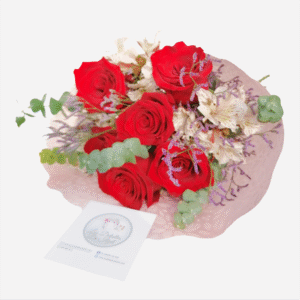 Ramo de 6 rosas, astromelias, caspia y eucalipto
