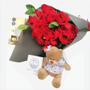 Ramo de 24 rosas, Ferrero Rocher y peluche