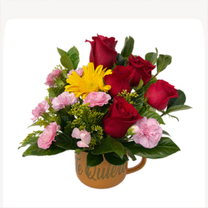 Taza con 5 rosas, claveles, una gerbera y stilver