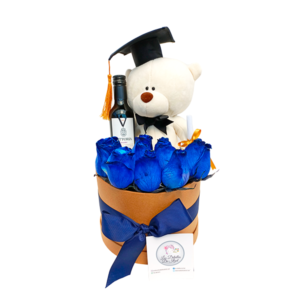 Box de 7 rosas, peluche de graduación y vino pequeño