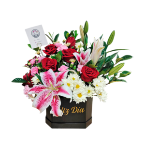 Box de 7 rosas, liliums, margaritas y claveles