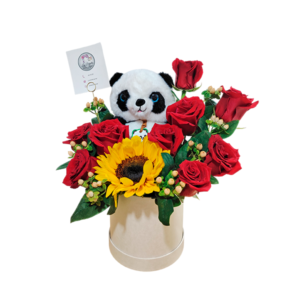 Box de un girasol, 9 rosas, hipérico y un peluche de panda