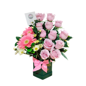 Box de 12 rosas, 2 gerberas, margaritas