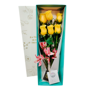 Caja de 6 rosas y astromelias