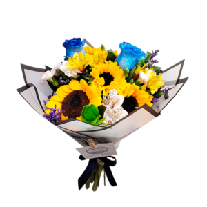 Ramo de 6 girasoles, 2 rosas azules, astromelias, caspia y claveles