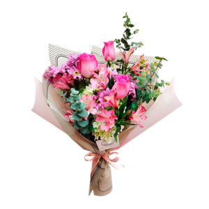 Ramo de 3 rosas, hortensia, astromelias, margaritas y silver dollar