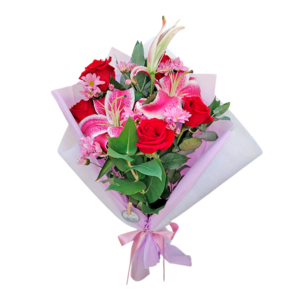 Ramo de 6 rosas, liliums,mini margaritas y eucalipto