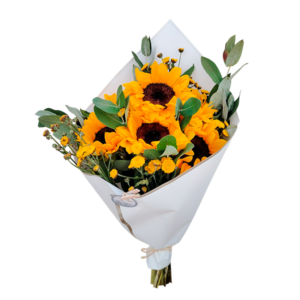 Ramo de 6 girasoles, botoncitos y eucalipto