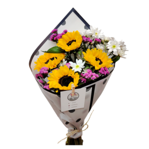 Ramo de 4 girasoles, margaritas y statice
