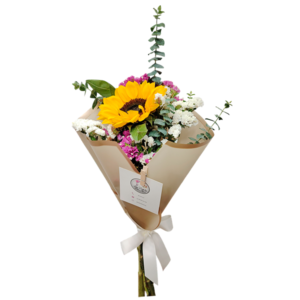 Ramo de un girasol, statice y silver dollar