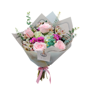 Ramo de 4 rosas, mini margaritas, hortensia, astromelias y silver dollar